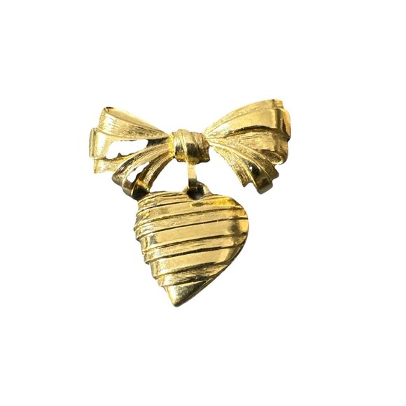 Vintage Jewelry - Vintage Avon Love You Mother Heart Pendant Brooch Bow Shape Lapel Pin Gold Tone
